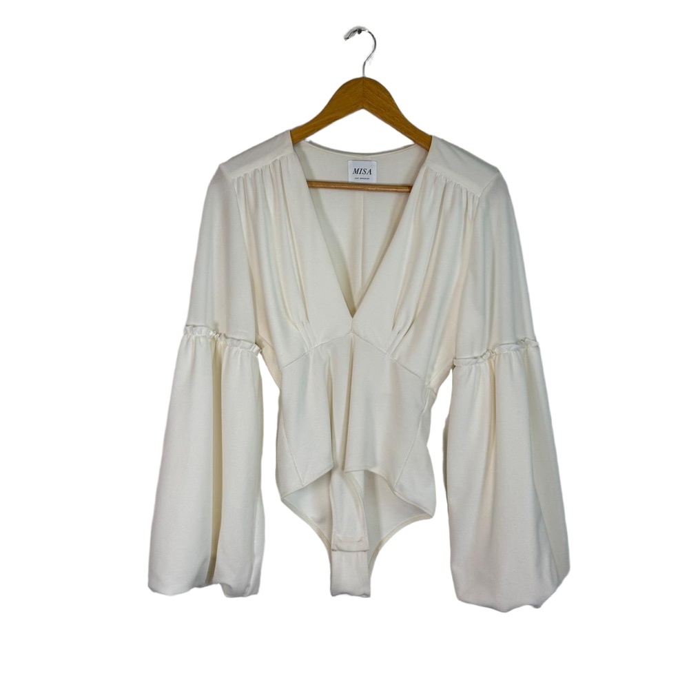 MISA Los Angeles Bodysuit Blouse M Cream V-Neck Peplum Bell Ruffle Boho Chic